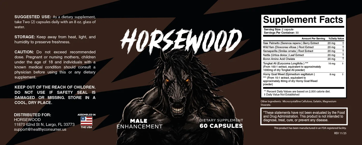 Horsewood Supplement Facts panel listing each botanical and its milligram amount per two-capsule serving