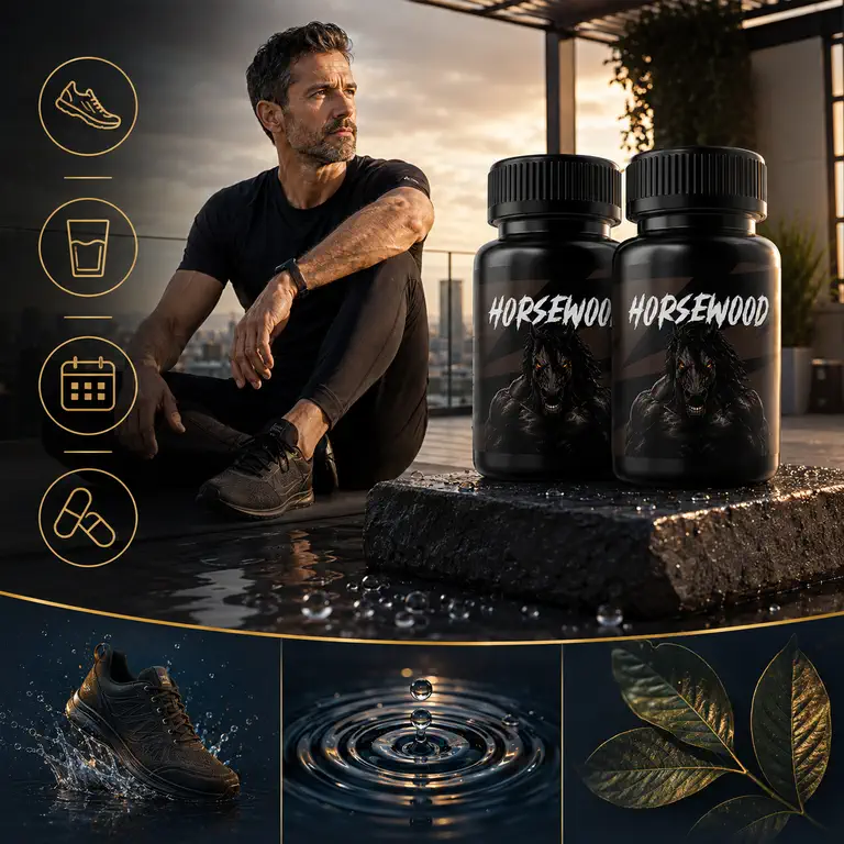 Horsewood bottle pack beside an adult man in a structured daily-routine panel